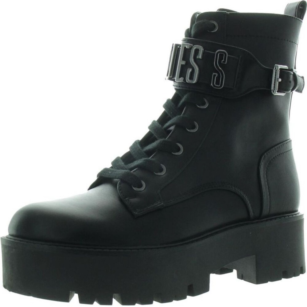 Guess Vaires New black combat boots size 6 logo buckle lace up w zipper NIB